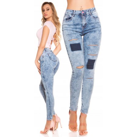 [W510] Marmurkowe jeansy rurki z dziurami