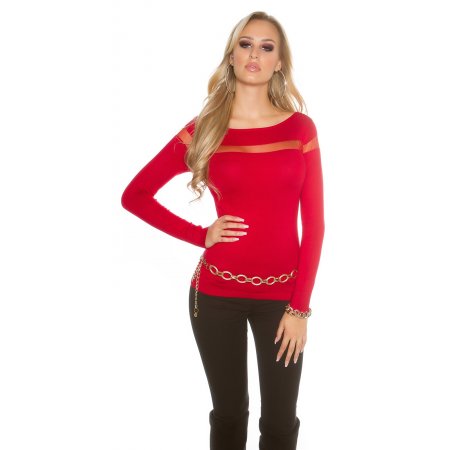 [Sw143] Czerwony sweter z tiulem, krótki